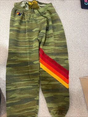 Aviator Nation Green Camo Joggers with Red & Yellow Stripe
